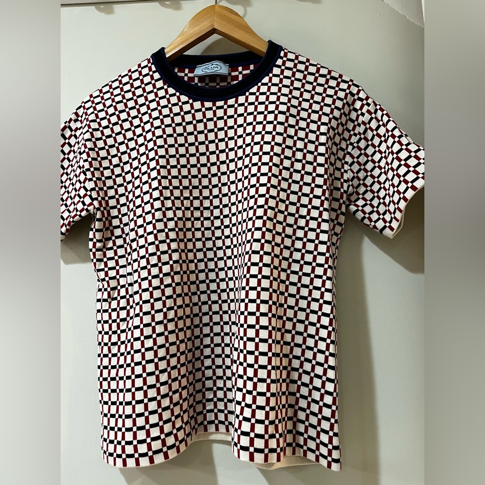 Prada Red and White Short Sleeve Tee with Geometric Pattern